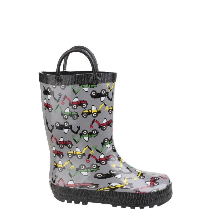 Image of Cotswold Boys Puddle Patterned Rubber Welly Wellington Boot Grey Digger COT309-DIER-4.5
