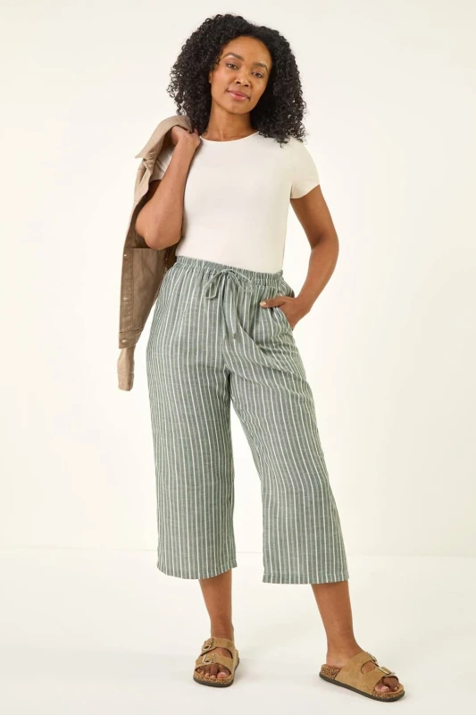 Image of Roman Womens Petite Stripe Cropped Wide Leg Trouser in Khaki Size: 16 Khaki Female 16