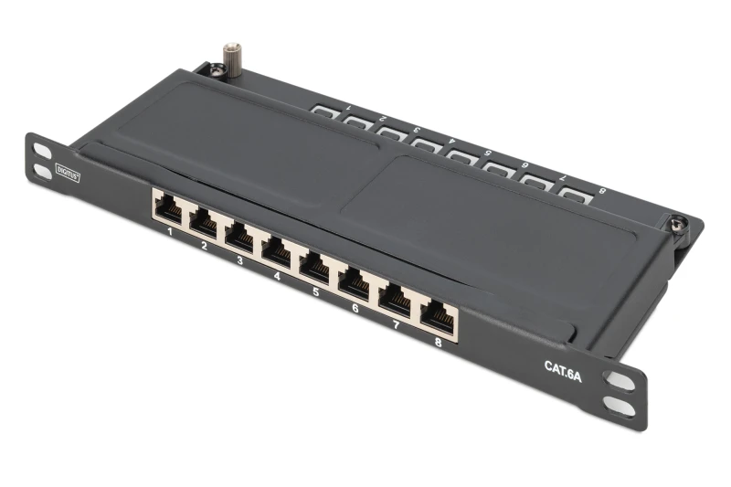 Image of Digitus CAT 6A Slim Patch Panel. shielded. 8-port. 0.5 U. 10". bl