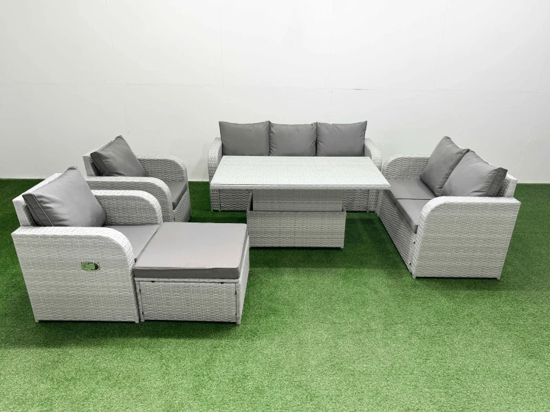 Image of Fimous PE Rattan Garden Furniture Set Reclining Chair Sofa Double Love Seat 2 Seater Sofa Lounge Set Adjustable Lifting Dining or Coffee Table Big Foo