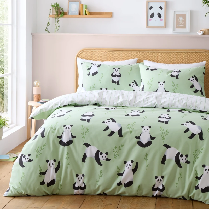 Image of Catherine Lansfield Panda Paws Reversible Duvet Cover Bedding Set Green