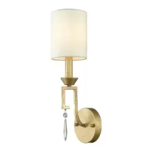 Image of Wall Light Grecian Key Motif Ivory White Linen Shade Distressed Gold LED E14 60W