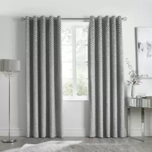 image of By Caprice Home Faye Art Deco Tufted Chevron Eyelet Curtains, Silver, 46 x 54 Inch