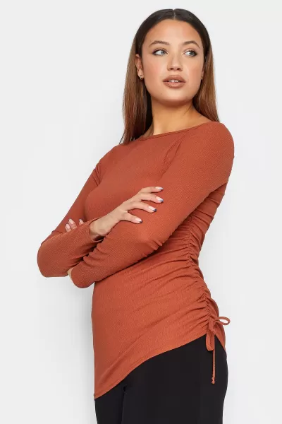 Long Tall Sally Rust Textured Ruched Side Top - Burnt Orange , Brown, Size 8, Women