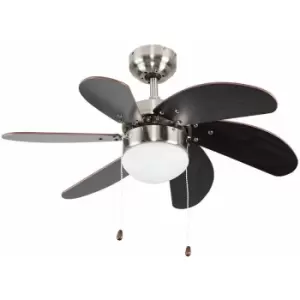 Image of Minisun - Chrome & Wood 30 6 Blade Ceiling Fan + Flush Light + Remote Control