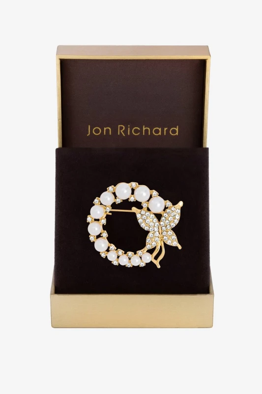 Image of Jon Richard Womens Gold Plated Pearl & Butterfly Brooch - Gift Box Gold Female One Size