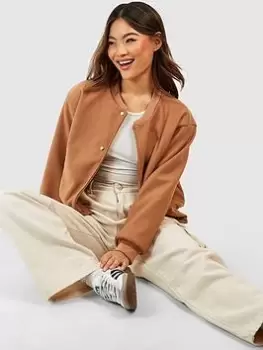 Image of Boohoo Wool Look Crop Bomber Jacket - Camel, Beige, Size 14, Women