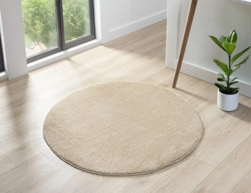 Image of Comfy Washable Low Pile Living Room Area Rug - Anti Slip Felt Backing Light Beige 100Cm Diameter