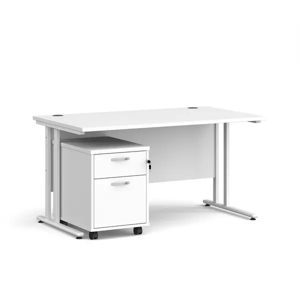 image of Maestro 25 Straight Desk with White Cantilever Frame and 2 Drawer Pedestal - White - 1400mm x 800mm