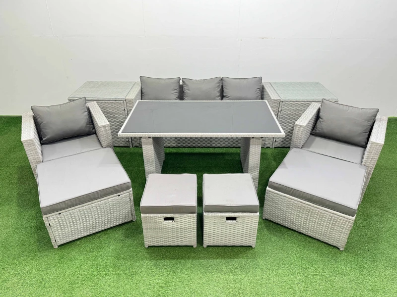 Image of Fimous Patio Garden Furniture Sets with Black Glass Top Dining Table in Light Grey Light Grey Unisex
