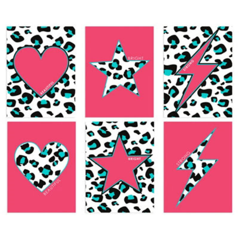 Image of Wee Blue Coo Wall Art Print Set Of 6 Pink And Turquoise Leopard Pattern And Bold Shapes Beautiful Bright Strong Typography