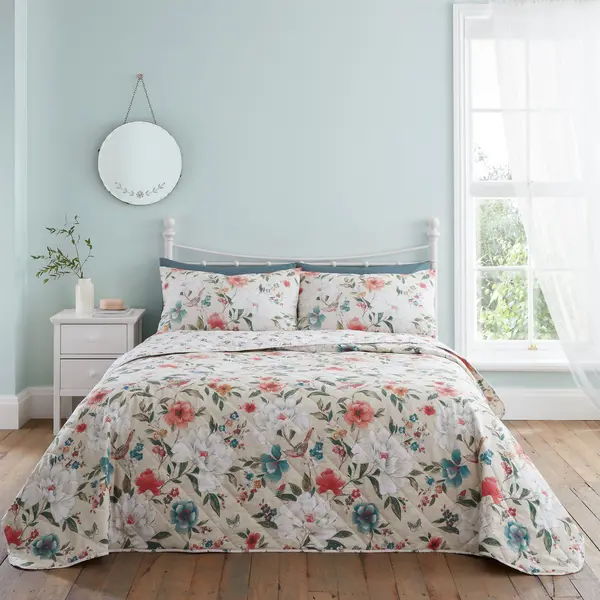 image of Catherine Lansfield Pippa Floral Bird Natural Bedspread 220cm x 230cm Natural