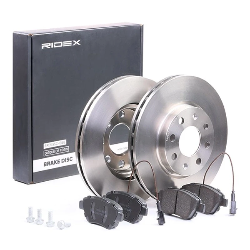 Image of RIDEX 3405B0127 Brake disc and pads set Front Axle, Brake Disc Type: Vented, incl. wear warning contact Brake Set,disc brakes (3405)