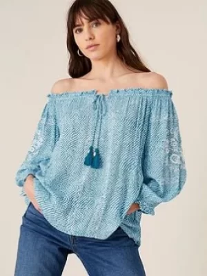 Monsoon Monsoon Anastasija Ecovero Off The Shoulder Top, Blue, Size S, Women