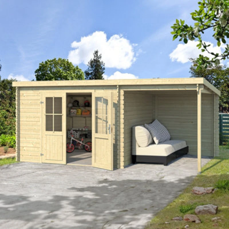 Image of Lasita Maja Lasita Osland Tampa Log Cabin With Veranda Canopy - 4.81M X 2.92M - Summer House With Shelter Canopy - Floor Not Included