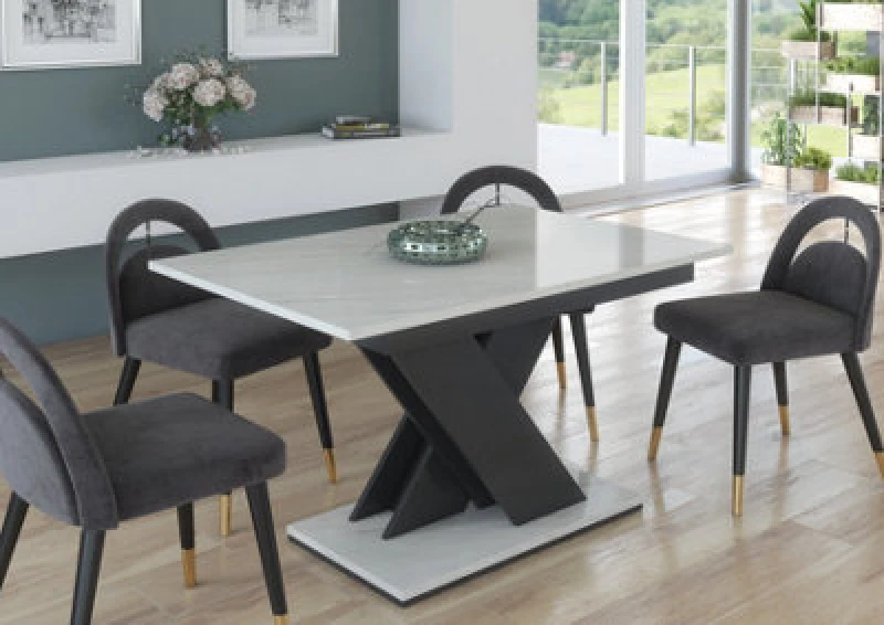 Image of Furneo Modern Dining Table Only Extendable 120-160Cm White Marble Effect Tavolo 01 Mdf
