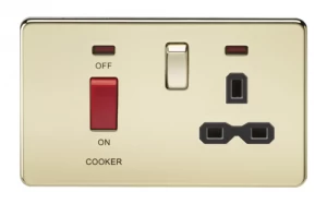 Image of KnightsBridge 2G 45A DP 230V Screwless Polished Brass Electric Switch With Neon and Socket - Black Insert