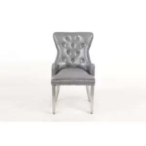 image of 2 x Rebecca Leather Aire Dining Side Chairs Button Tufted in Grey with Chrome Nail heads, Legs and Chrome Knocker on the back, Modern Transitional