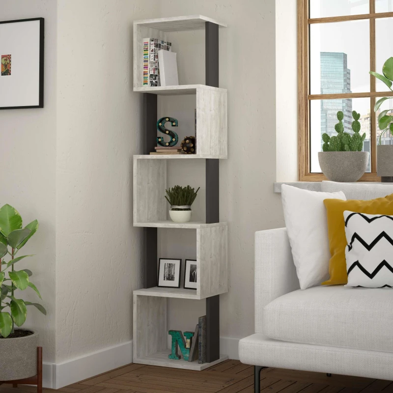 Image of DECORTIE Decortie - Piri Modern Bookcase Display Unit Tall 161cm - Ancient White / Anthracite Grey - Anthracite Grey M.KT.02.16410.2