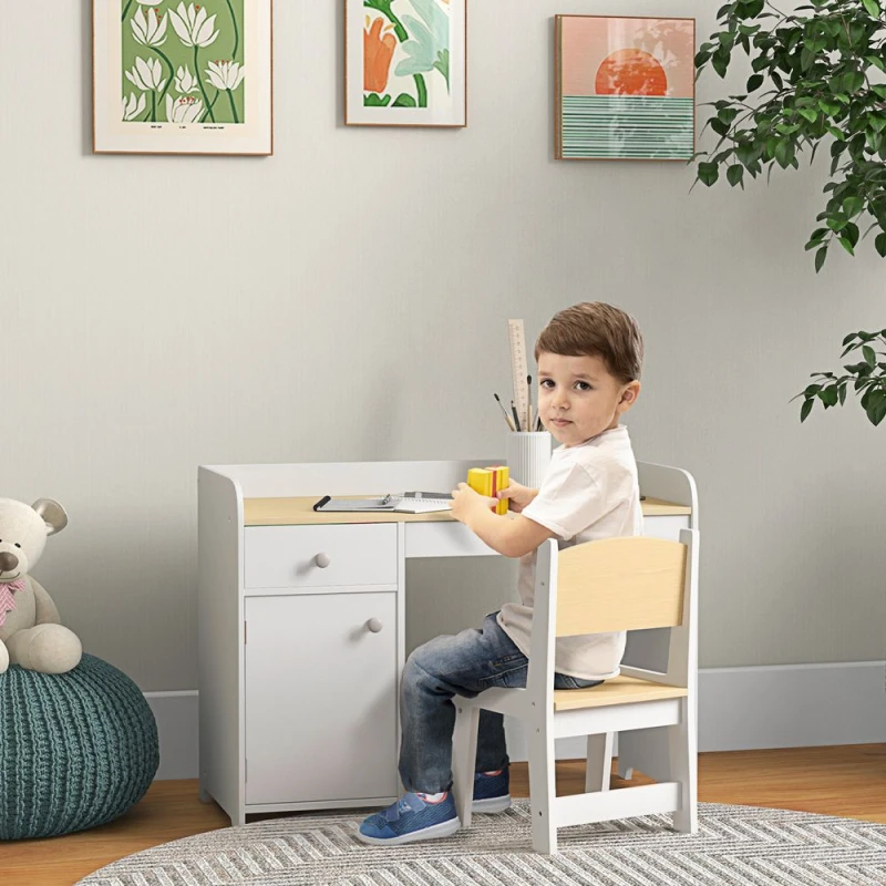 Image of ZONEKIZ Kids Desk and Chair Set w/ Storage Drawer, White 312-103V81WT
