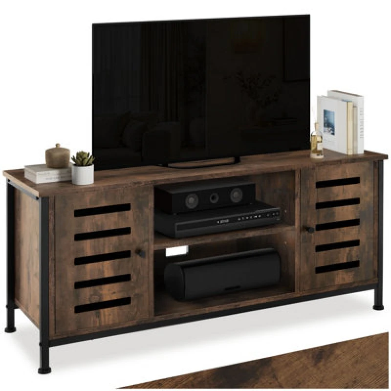 Image of Tectake TV Stand Carlow - Lowboard With Two Cabinets, Shelves, 2 Cable Cutouts 110 Cm - Industrial Wood Dark, Rustic