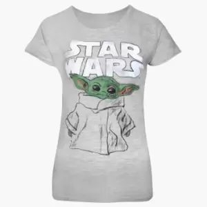 Image of Star Wars: The Mandalorian Womens/Ladies The Child Sketch Heather Fitted T-Shirt (XL) (Heather Grey)