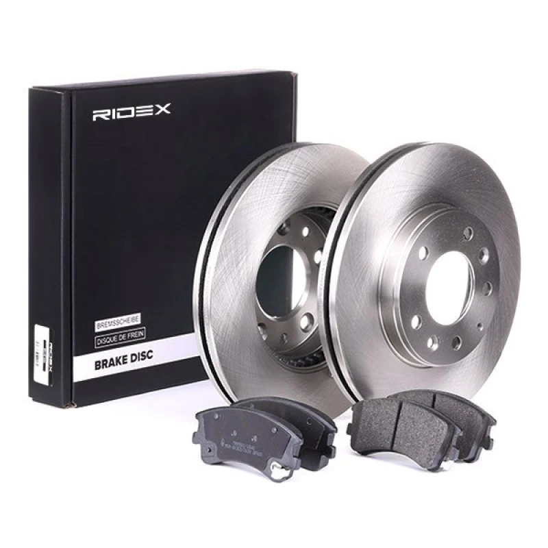 Image of RIDEX 3405B0102 Brake disc and pads set Front Axle, Brake Disc Type: Vented, with acoustic wear warning Brake Set,disc brakes (3405)