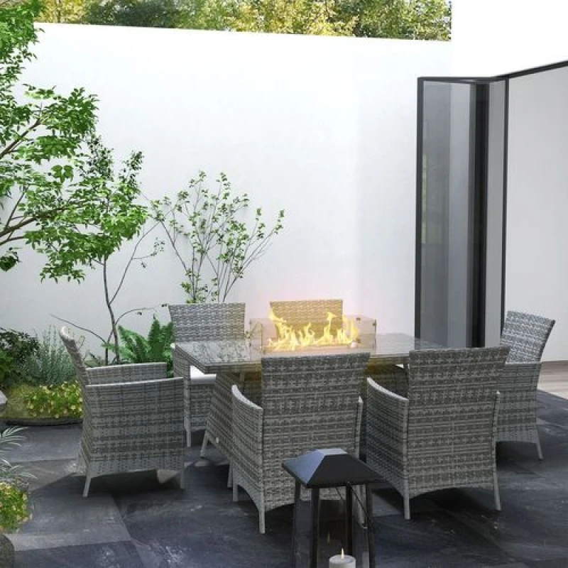 Image of Outsunny 7pc PE Rattan Dining Set w/ Fire Pit Table - Grey 867-166V70GG