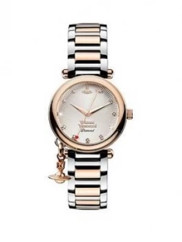 image of Vivienne Westwood Orb Diamond Rose Gold Textured and Diamond Set Dial with Charm Two Tone Stainless Steel Bracelet Ladies Watch, One Colour, Women