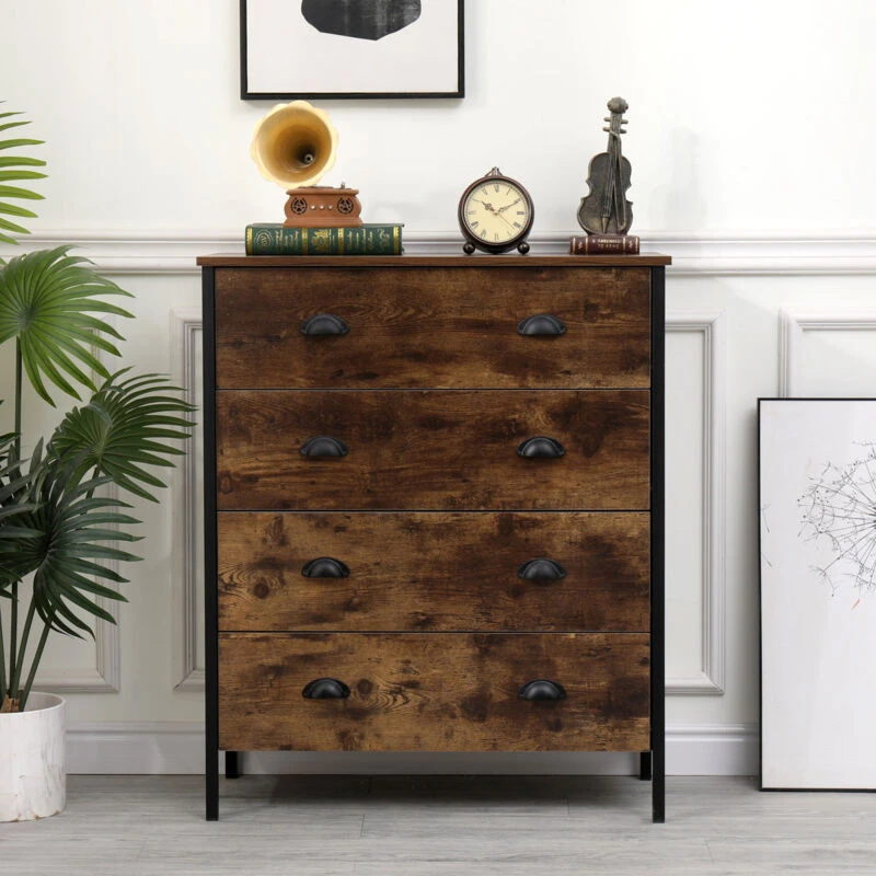 Image of FURNITURE HMD Retro Industrial Style Bedroom Chest of 4 Drawers,Storage Unit for Bedroom,Burning Wood Colour,Retro Industrial Style,79x35x90cm(WxDxH)