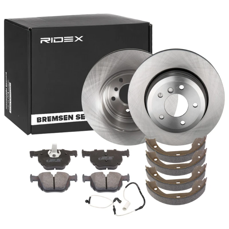 Image of RIDEX 3405B0385 Brake disc and pads set with accessories, Front Axle, Brake Disc Type: Vented, incl. wear warning contact Brake Set,disc brakes (3405