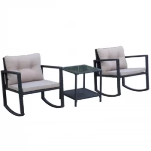 image of Outsunny 3Pcs Rattan Rocking Set Patio Bistro Table Chairs Conversation w/ Cushion