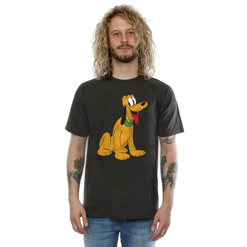 Image of Disney Men Classic Pluto Cotton T-Shirt in Mid Grey Size: Small Mid Grey S Male 5057068059537