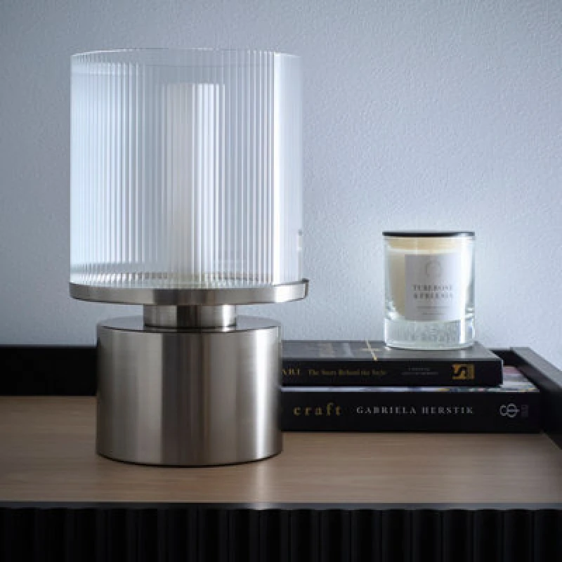 Image of K Living Zoja Satin Nickel Table Lamp With Ribbed Glass Shade