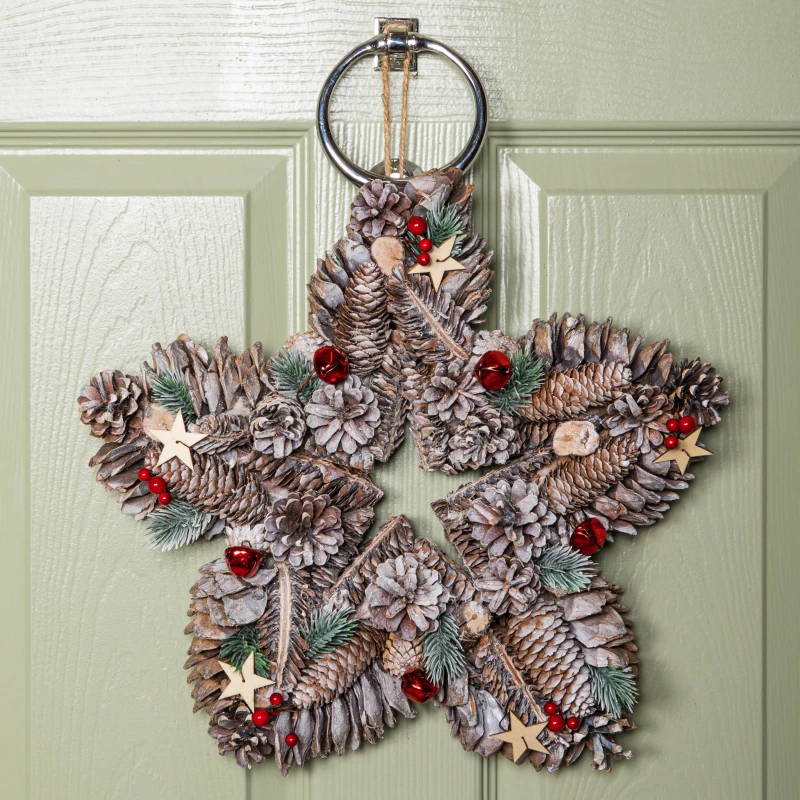 Image of 35cm Frosted Hanging Christmas Star Wreath with Red Jingle Bells & Wooden Stars