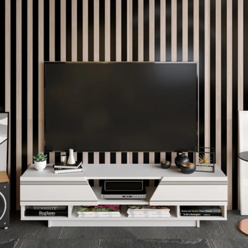 Image of Decorotika Aspatria TV Stand TV Unit Dropdown Cabinets and Shelves Multimedia Centre White