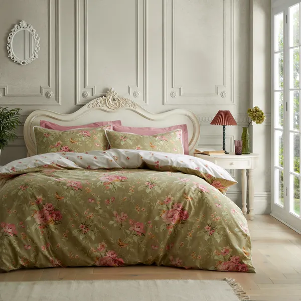 Image of Bridgerton Penelope Floral Print Duvet Cover Bedding Set Green
