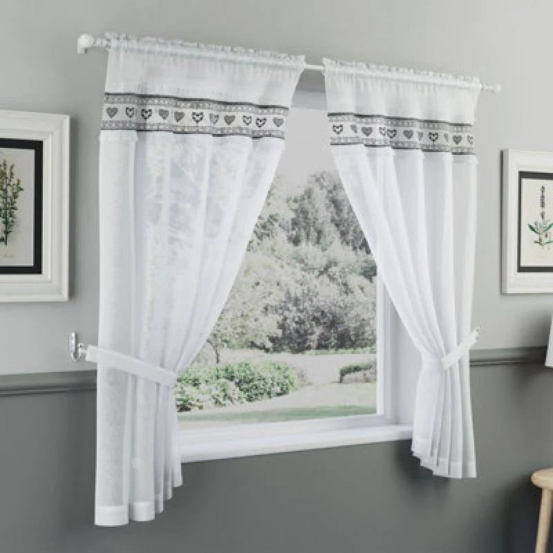 Image of Tyrone Textiles Tyrone Textiles Lucy Embroidered Heart Kitchen Window Set Curtain Pair with Frill Edging and Matching Tie Backs (Black, 36" (91cm)) Bl