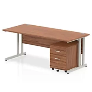 image of Dynamic Rectangular Straight Desk Walnut MFC Cantilever Leg Silver Frame Impulse 1 x 2 Drawer Mobile Pedestal Bundle 1800 x 800 x 730mm