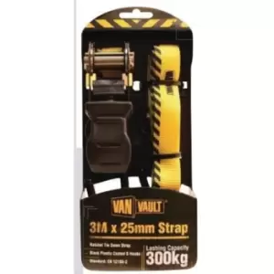 image of Van Vault 3m x 25mm Ratchet Tie Down Strap Black Plastic Coated J Hooks - 339430