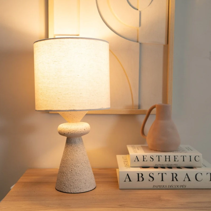 Image of ValueLights Cady Pair of Stone Effect Natural Table Lamps with Drum Shades and LED Bulbs Cream