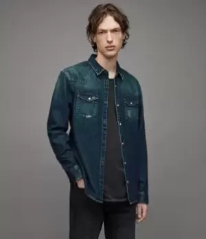 Image of AllSaints Mens Volk Denim Western Shirt, Vintage Indigo, Size: XXL
