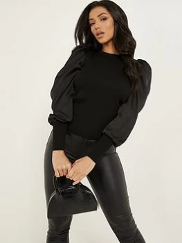 image of Quiz Black Knitted Satin Puff Sleeves Jumper - S