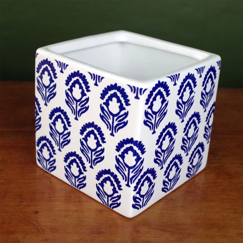 Image of Leaf Ceramic Cube Planter with Decorative Print Blue Tulip Plant Pot Botanik Blue