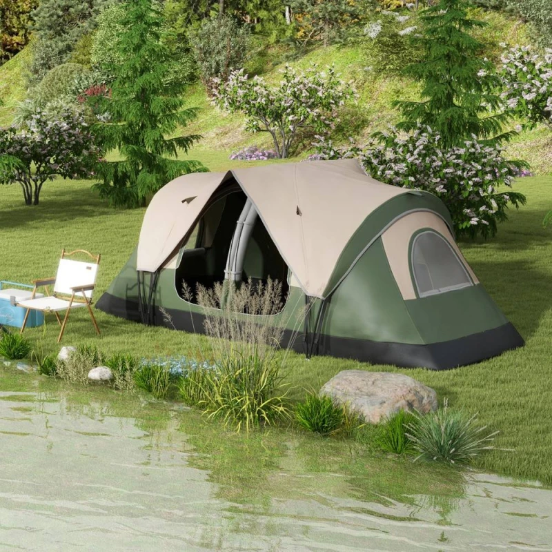 Image of Outsunny 2 Room Camping Tent with Waterproof Rainfly & Screen Panels Green