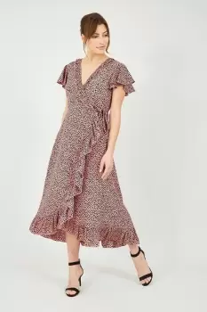 Image of Coral Animal Dash Print Wrap Midi Dress