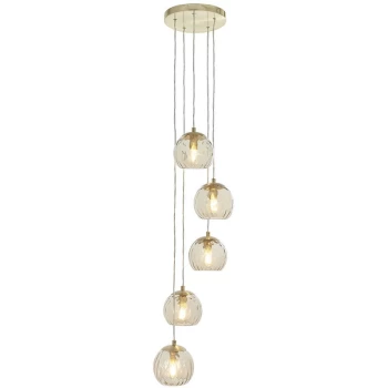 Image of Endon Collection Lighting - Endon Dimple Modern Cluster 5 Light Pendant Brushed Brass, Champagne Glass Shade