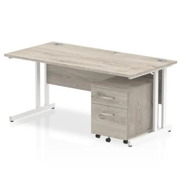 image of Impulse 1600 x 800mm Straight Desk Grey Oak Top White Cantilever Leg with 2 Drawer Mobile Pedestal