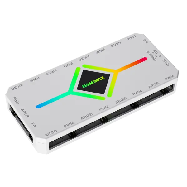 image of GameMax V4 ARGB PWM 9-Port White Fan Hub with SATA Power and RF Remote