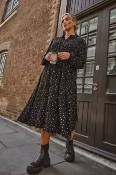 image of Spot Print Long Sleeve Midaxi Shirt Dress